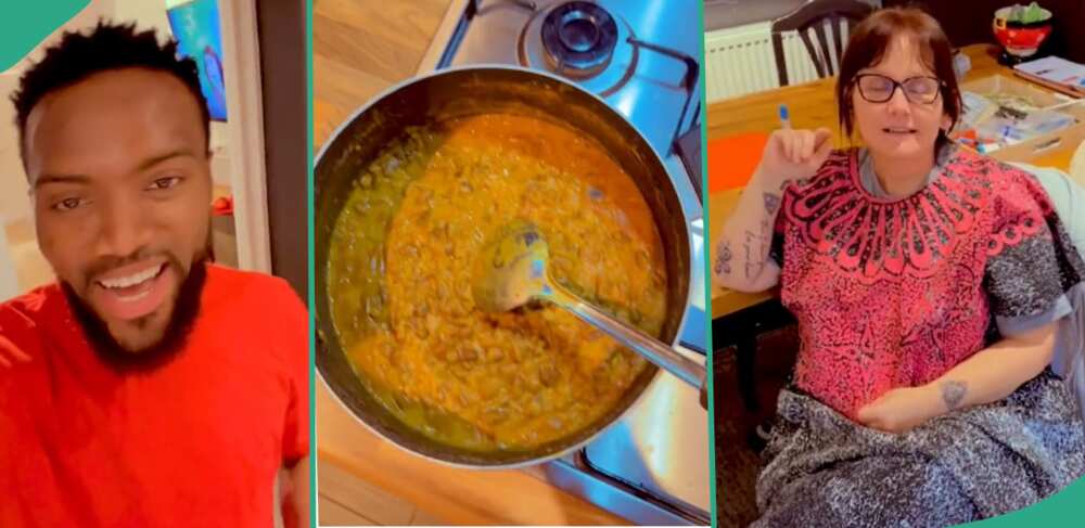 Nigerian man reacts to porridge beans his wife cooked.