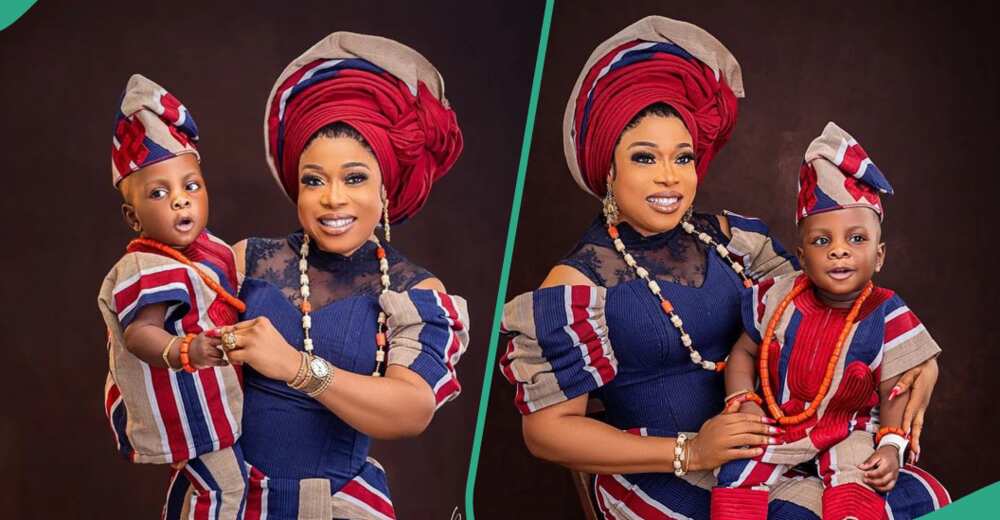 Mother and son wear aso-oke outfits