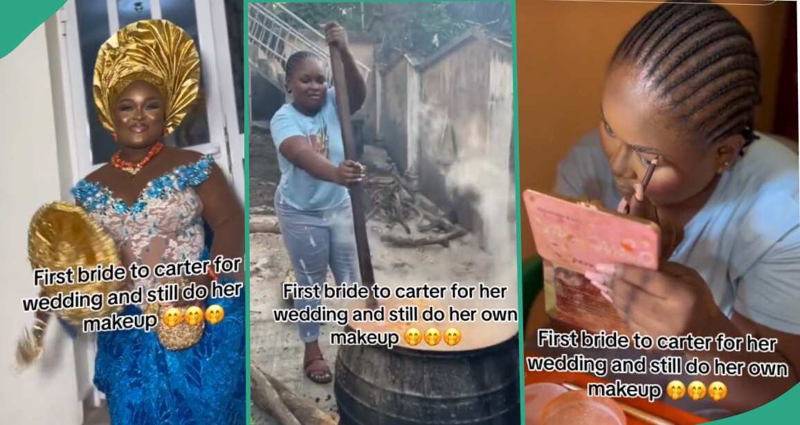 Social media reacts as Nigerian bride cooks and does her makeup on her wedding day