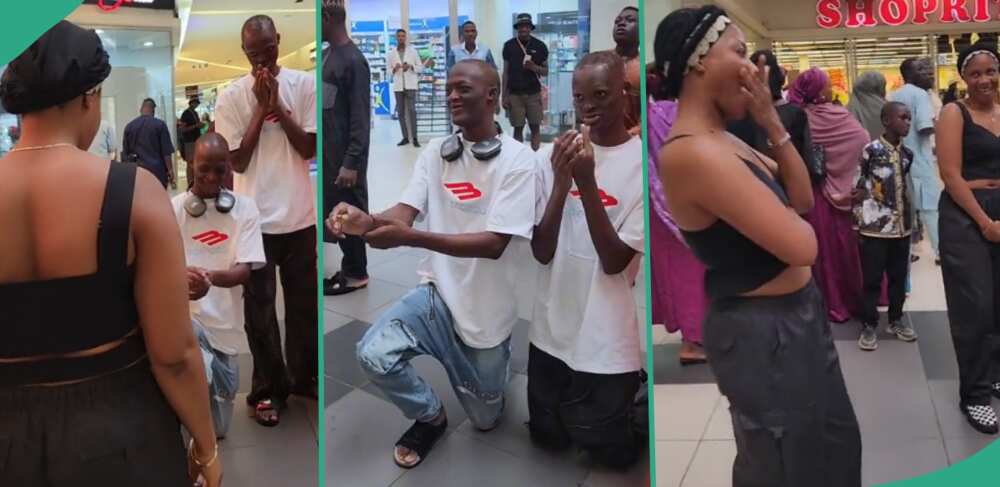 Moment twin brothers proposed to their twin sisters at the same time in mall