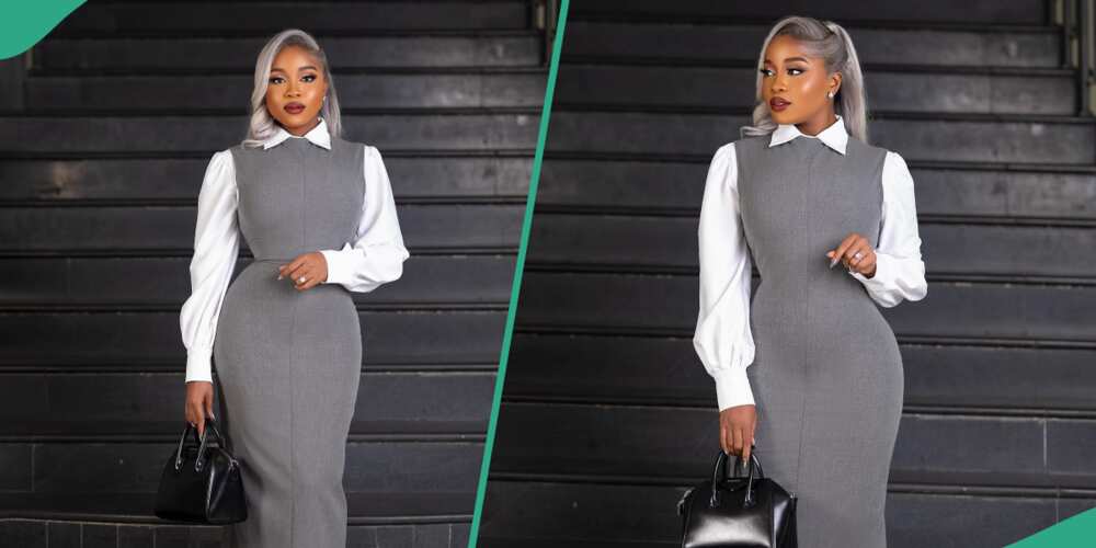 Veekee James stuns in grey and white outfit