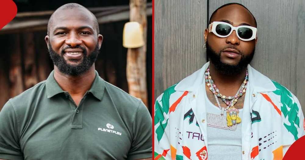 The left frame shows Dennis Ombachi during a tree planting exercise and the right frame shows Nigerian superstar Davido during a photoshoot.