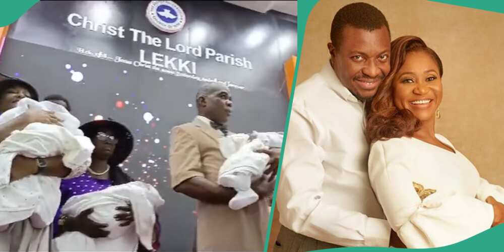 Ali Baba and wife dedicate their triplets in church.