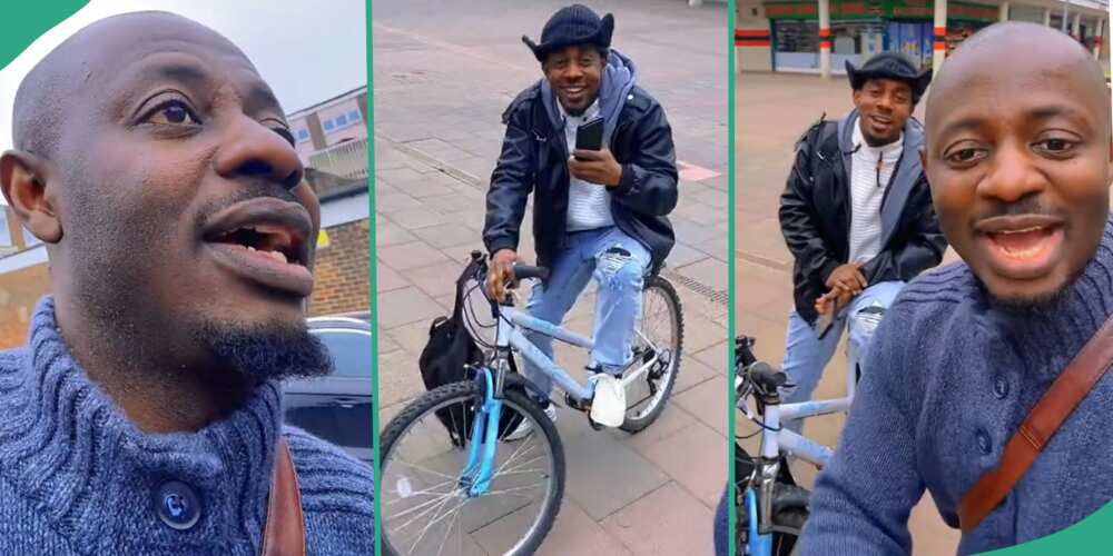 Two Nigerian men in the UK riding to work with bicycles.