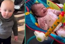 Funny boy shakes his head at a crying baby, stares at her for a long time