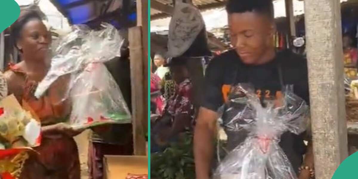 Wife visits husband who sells meat in the market, gives him cake on his birthday