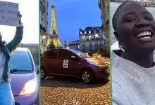 "I'm in France": Lady driving from London to Lagos starts journey, crosses river