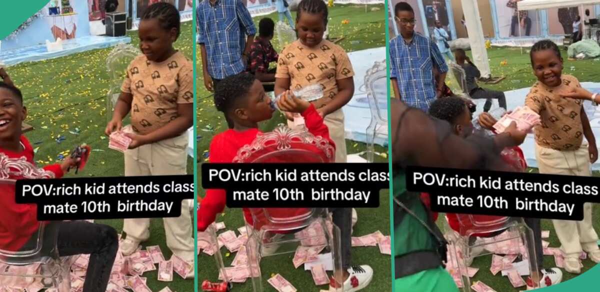 "I for don go house": Reactions as rich kid makes cash rain at classmate's 10th birthday party