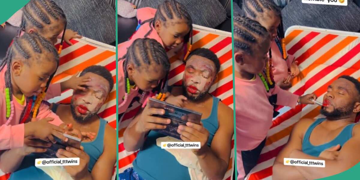 "I Would Scream": Nigerian Man Helpless in Video as His Little Daughters Use Make up on His Face
