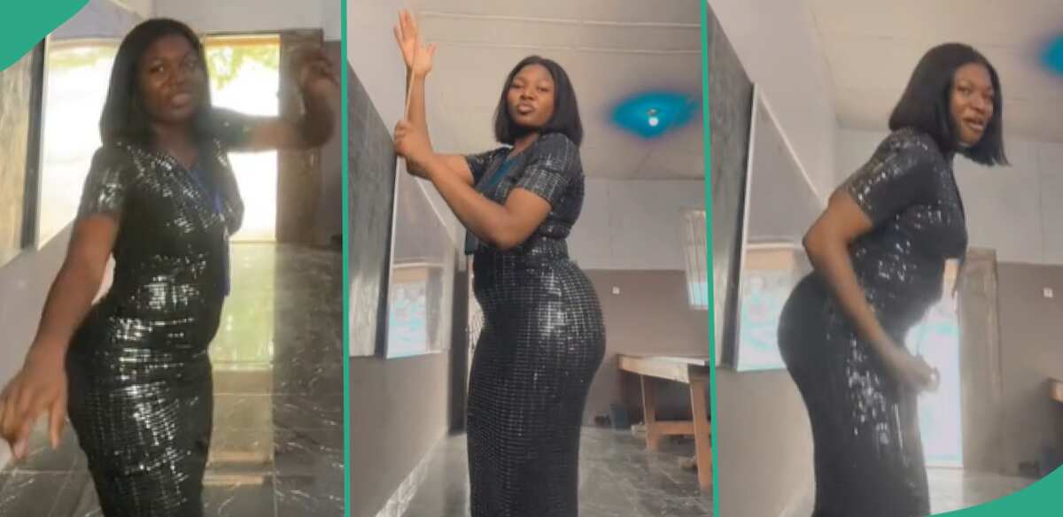 "Dem don increase salary?" Teacher in shiny gown dances in class, quickly stops as man approaches