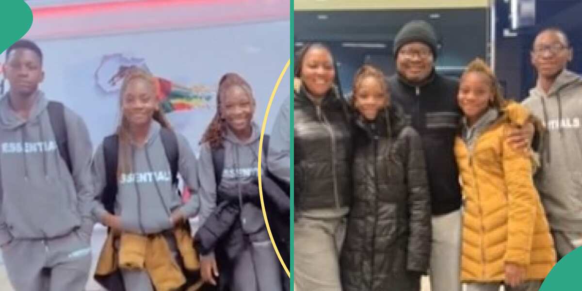 Lady and her 4 kids in matching outfits reunite with dad abroad after 2 years