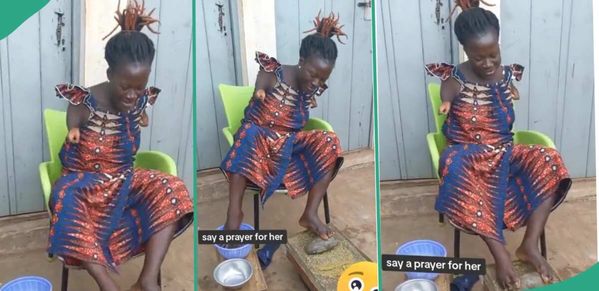 "Hard Working Woman": Lady With No Hands Uses Her Two Legs to Grind Okro, Video Melts Hearts