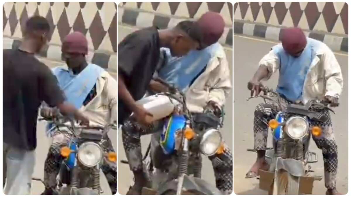 “He Was Touched”: Nigerian Man Stops Bikeman on the Street, Gives Him 5 Litres of Fuel
