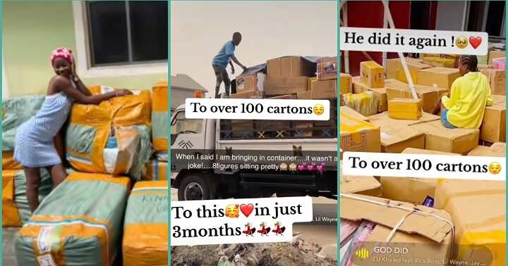 "8 Figures Sitting Pretty": Lady Rejoices after Importing over 100 Cartons of Goods In Big Container