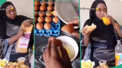 First week in husband's house, lady fries crate of eggs, enjoys herself in video