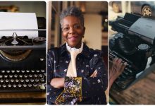 Nigerian woman uses old typewriter, runs her hands through it as words appear on...