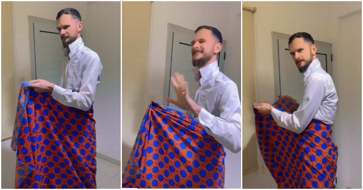 "She don spoil the oyinbo finish": White man ties wrapper, acts like Nigerian wi...