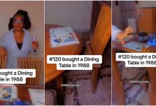Nigerian lady displays their dining table and chairs bought at N120 in 1988