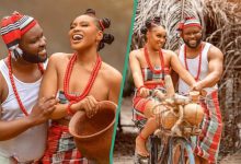 "I Don Wait Tire": Actress Deby Oscar and Her Fiancé Rock Igbo Attire for Pre-Wedding Photoshoot