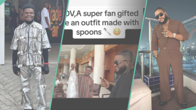 See the creative outfit made with spoons that a fan of BBNaija's Whitemoney made for him