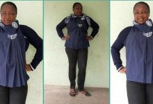 See hilarious photos of Nigerian mother wearing her little daughter's school uniform