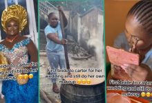 Social media reacts as Nigerian bride cooks and does her makeup on her wedding day