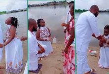 Mixed reactions as Nigerian couple wed by riverside in traditional way, video emerges