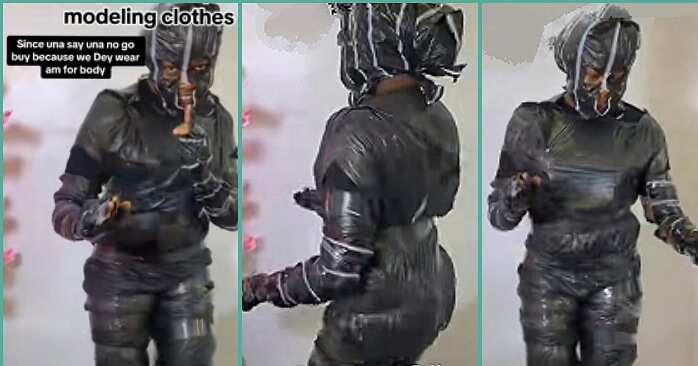 "No Body Contact": Okrika Seller Wraps Herself With Cellophane Before Modelling Her Clothes in Video