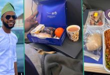 "To Travel Come Dey Hungry Me": Man Displays Sweet Meals Air Peace Served Him on London-Lagos Flight