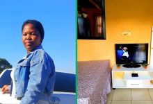 Lady arranges her room with cool interior decor idea, places TV beside bed, installs kitchen caninet