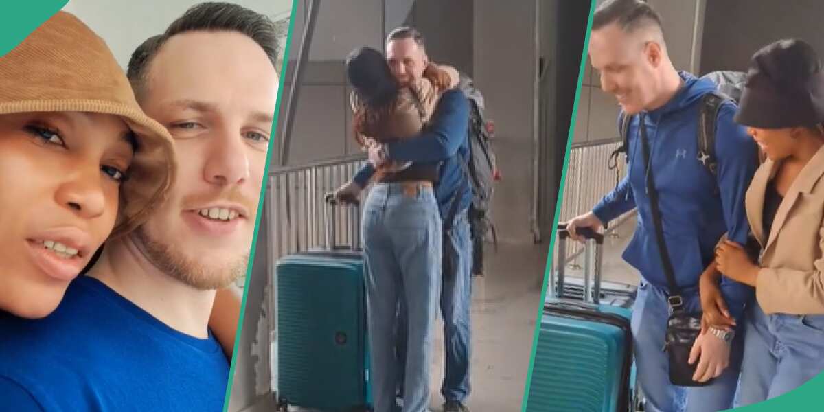 Lady Welcomes her Oyinbo Boyfriend to Nigeria, Shows him Love in Front of Many at Airport