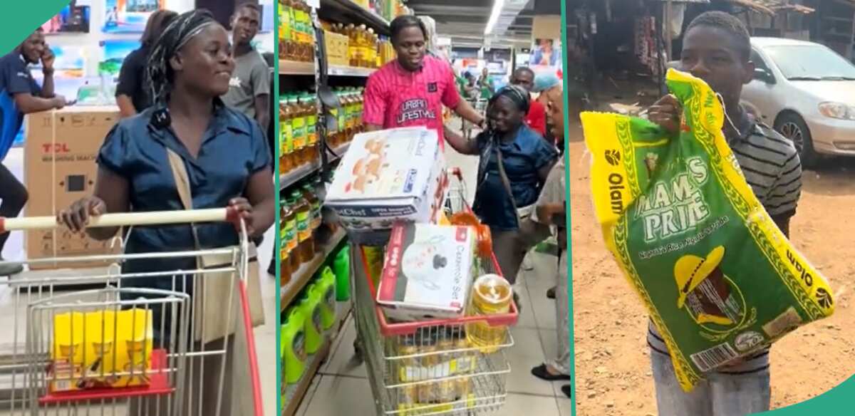 "N290,000 in 30 Seconds": Smart Woman Carries Bags of Rice During Free Shopping Spree in Supermarket