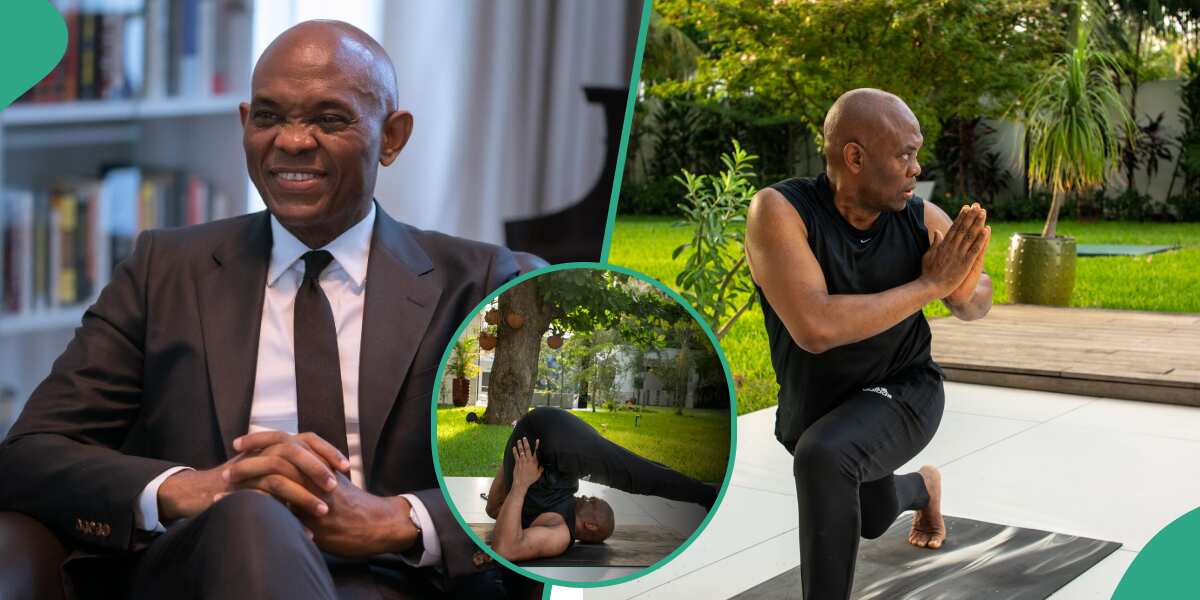 “Small Small O”: Tony Elumelu Shares Video From Yoga Session, His Daring Postures Leave Many Worried