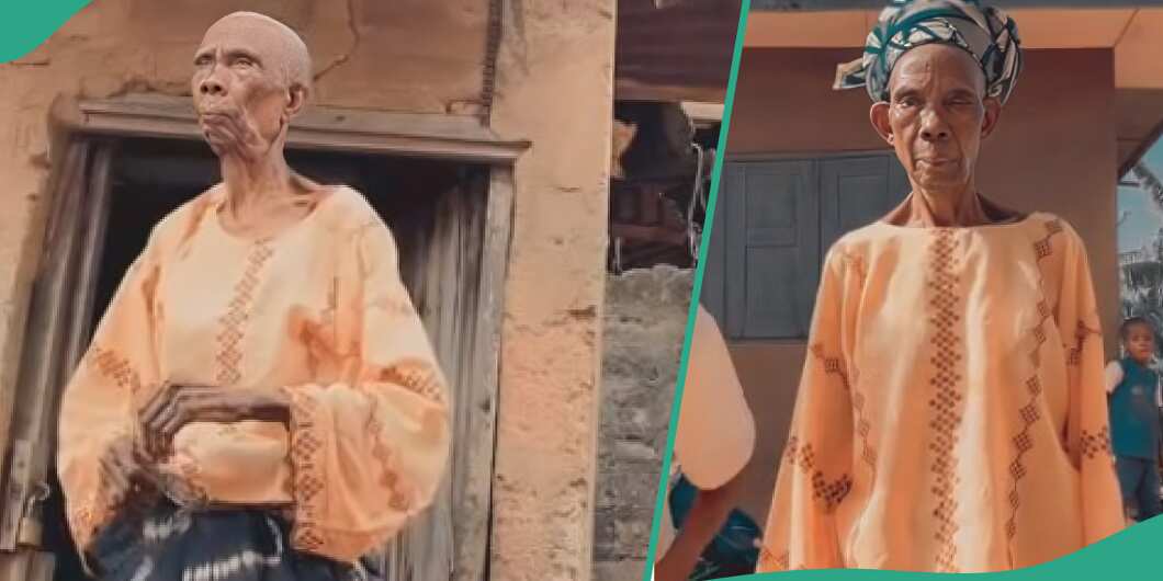 Joy Knows No Age: Elderly Woman Dances Happily, Rests Her Back Against a House