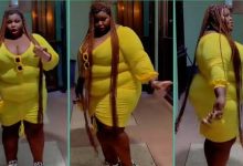 "She Didn't Create Herself": Plus-sized Lady Flaunts Body Shape in Yellow Bodycon Gown, Video Trends