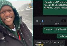 "She's a Pretender": Man Who Relocated Abroad Without Telling Friend Shares Voice Note She Sent