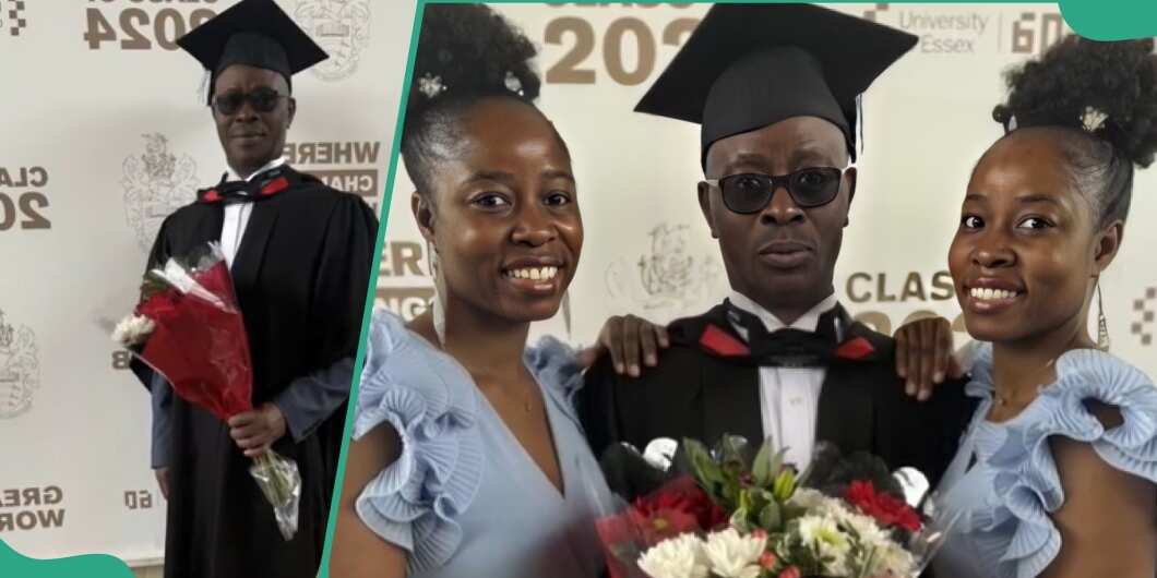 After 20 Years in the UK, Nigerian Man Graduates with His Twin Daughters in Attendance