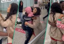 Wife in Canada Kneels in Joy as Husband, 3 Children Join her Abroad, They Hug at Airport