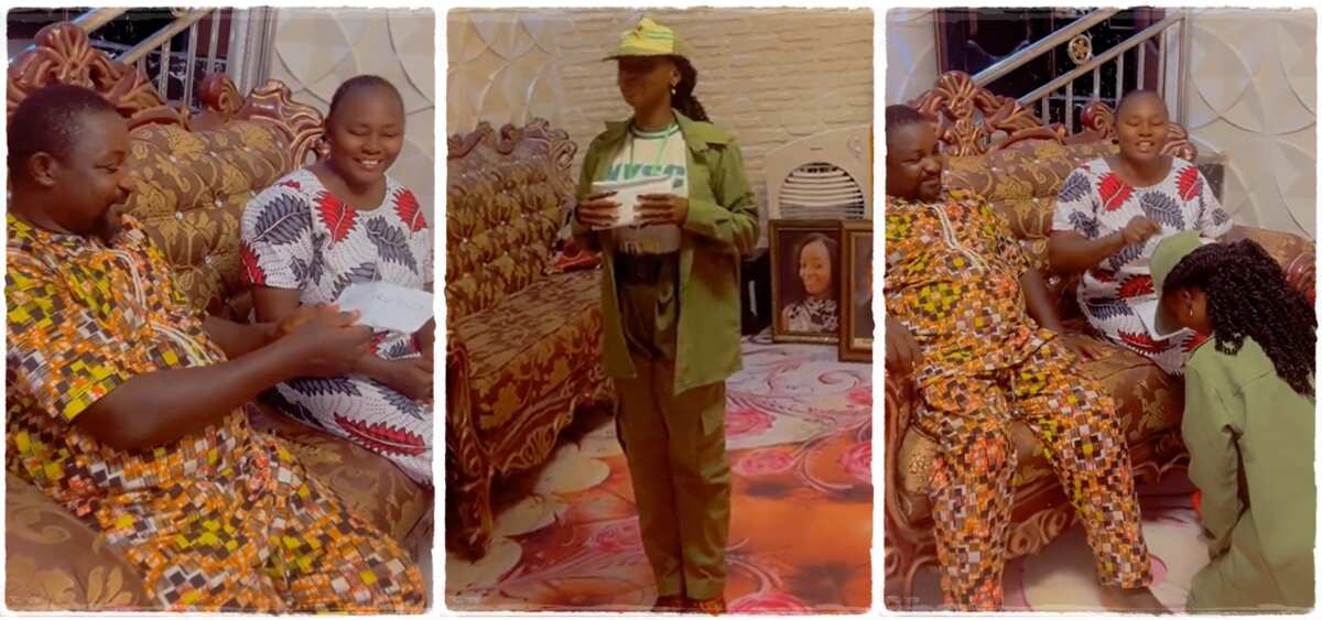 University Graduate Takes Her First NYSC Allowance to Her Parents, Receives Huge Blessings From Them