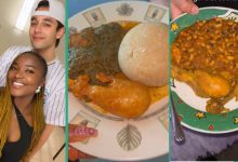 Oyinbo Man Dating Nigerian Lady Trends on TikTok After Showing How She Feeds Him Local Delicacies