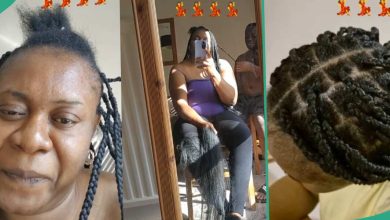 Nigerian Man Saves His Wife £100 in UK, Video Shows Him Braiding Her Hair Himself, Melts Hearts