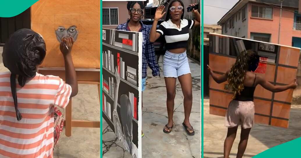 Nigerian Lady Shows Her New Artwork, Depicts Woman Selecting Book at Library