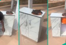 Creative Man Builds Portable Kitchen Cabinet with Gas Cooker Space, Nigerians React