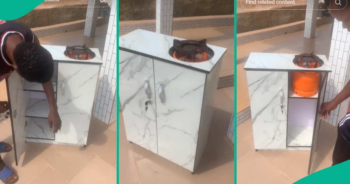 Creative Man Builds Portable Kitchen Cabinet with Gas Cooker Space, Nigerians React