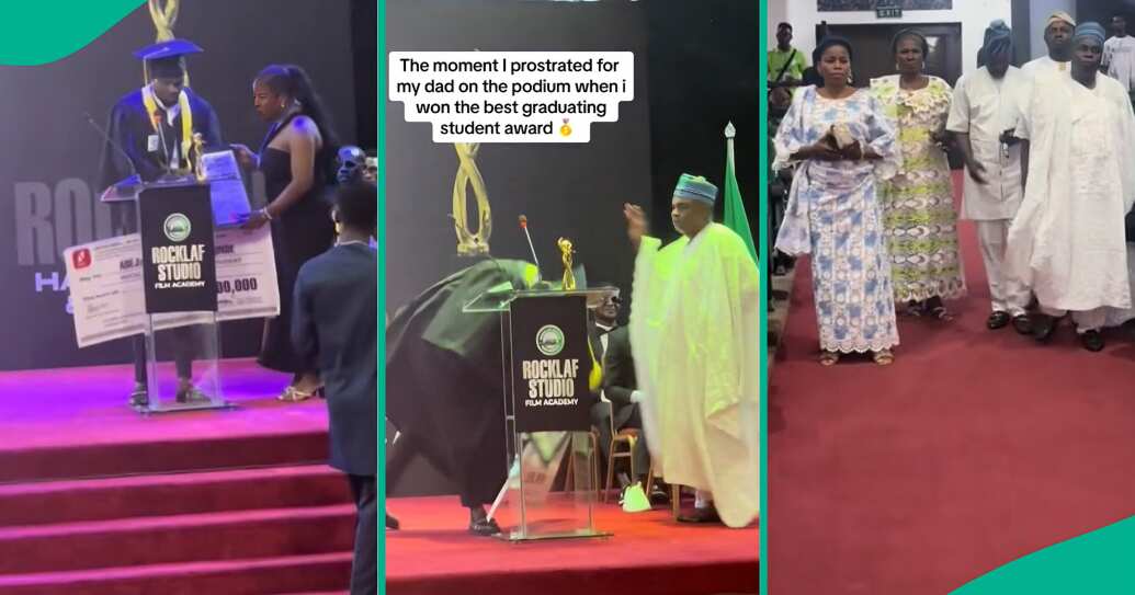 Nigerian Student Wins N1 Million as Best Graduate, Prostrates to His Father on Stage